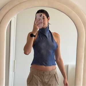 NWT PRISCAVera Elegant Navy Sleeveless Blouse